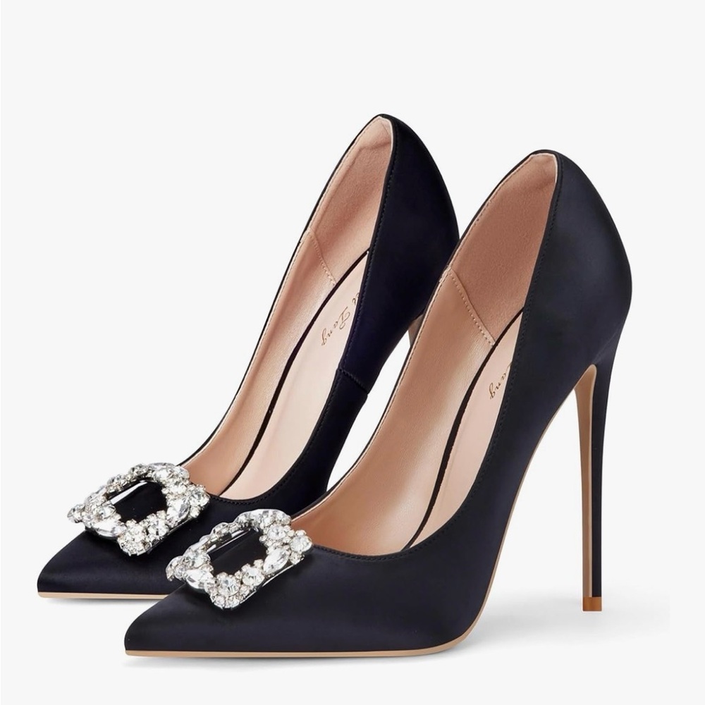 NEW Elisabet Tang Satin Rhinestone Stiletto Pumps Pointed Toe High Heels 4.72” 8